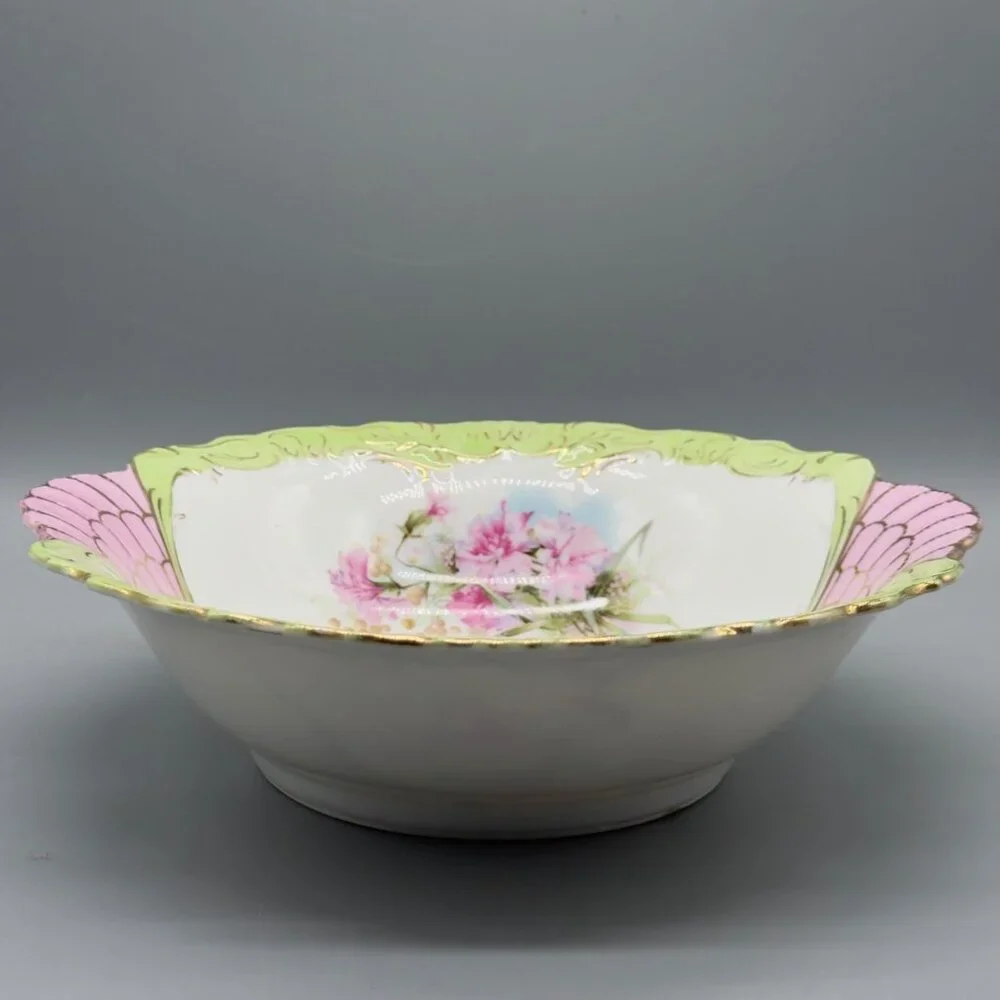 Antique Hand Painted Porcelain 10” Serving Bowl Pink Green Gilt Floral